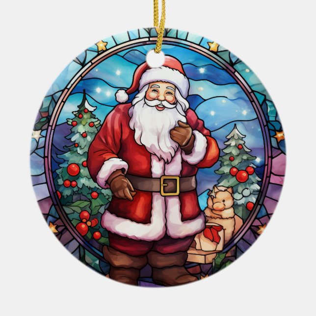 Weihnachts-Weihnachtsmann im Buntglas-Stil Keramik Ornament (Vorne)