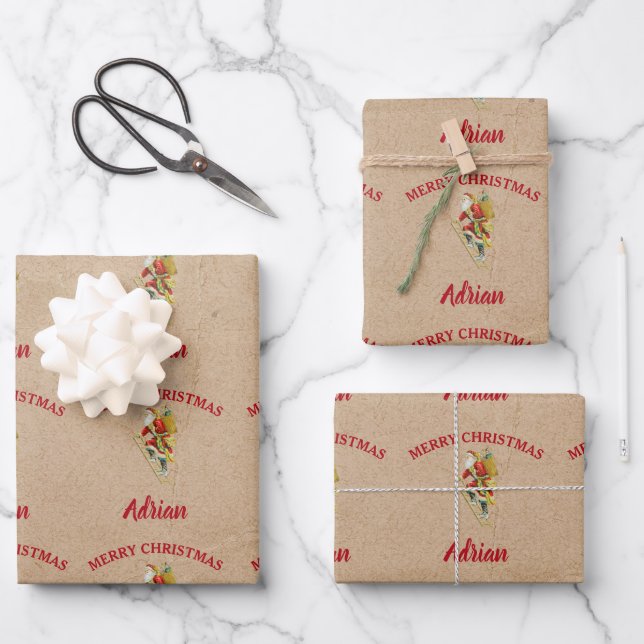 Weihnachts Weihnachtsmann Individuelle Name Kraft Geschenkpapier Set (Vorderseite)
