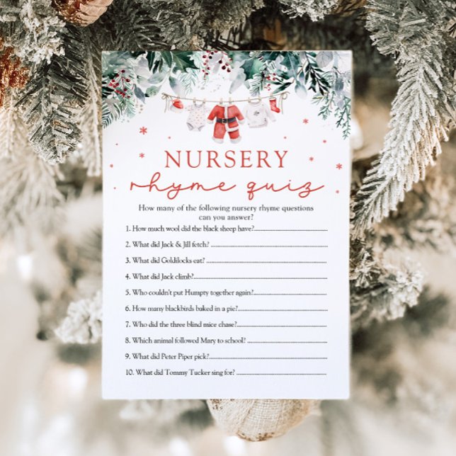 Weihnachts-Weihnachtsmann-Kinderzimmer Rhyme Quiz  Einladung (Watercolor Christmas Santa Nursery Rhyme Quiz Baby Shower Game)