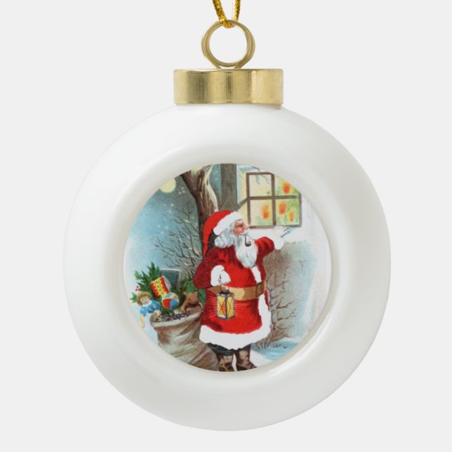 Weihnachts-Weihnachtsmann pinkelt im Fenster. Keramik Kugel-Ornament (Vorderseite)
