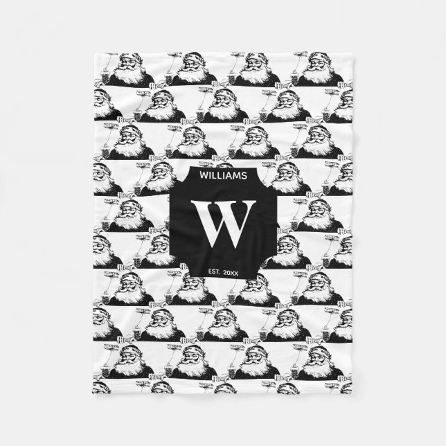 Weihnachts Weihnachtsmann Schwarz-weiß Monogram Fleecedecke (Vorderseite)