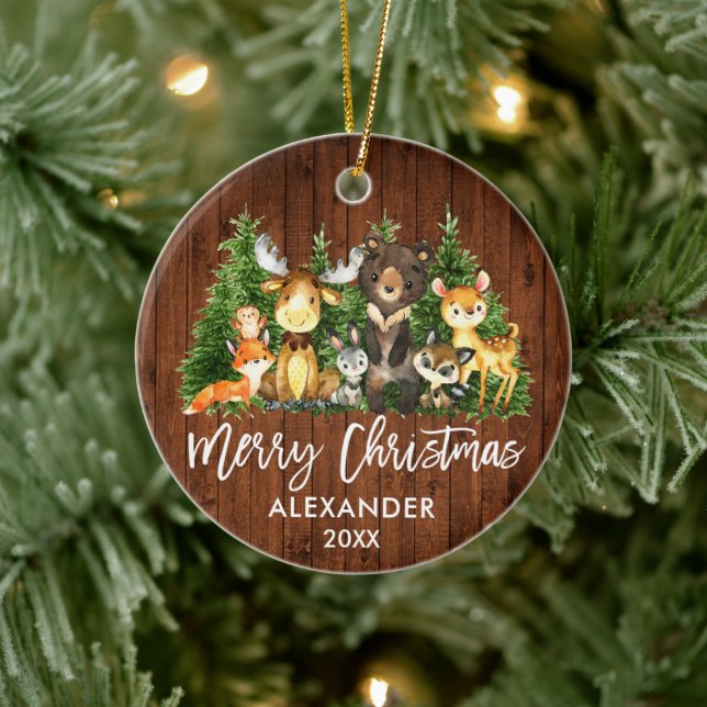 Weihnachts-Weihnachtsmänner Rustikale Tiere Keramik Ornament (Baum)