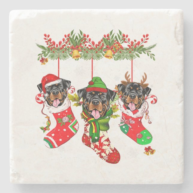 Weihnachts-Weihnachtsmannmütze Rottweiler Hund Xma Steinuntersetzer (Vorderseite)