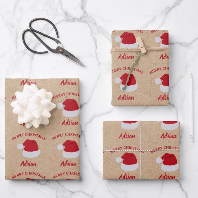 Weihnachts-Weihnachtsmannmütze und Individuelle Na Geschenkpapier Set (Vorderseite)