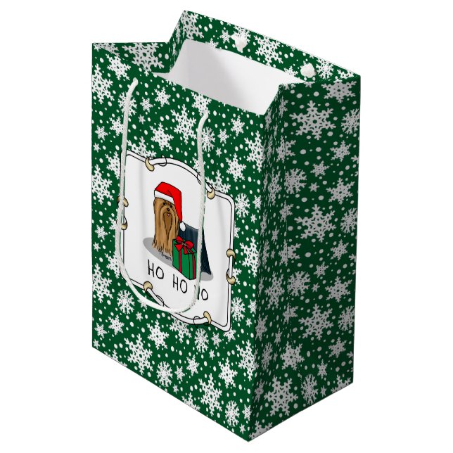 Weihnachts-Weihnachtsmannmütze Yorkshire Terrier Y Mittlere Geschenktüte (Vorderseite Schrägansicht)