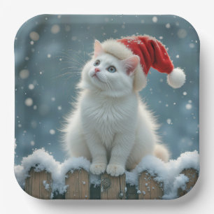 Weihnachts-Weiße Katze Tragen einer Weihnachtsmann Pappteller
