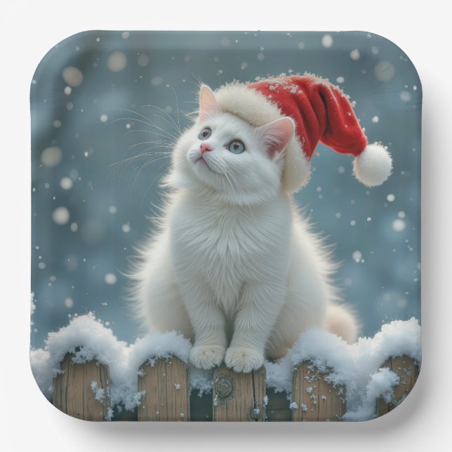 Weihnachts-Weiße Katze Tragen einer Weihnachtsmann Pappteller (Vorderseite)