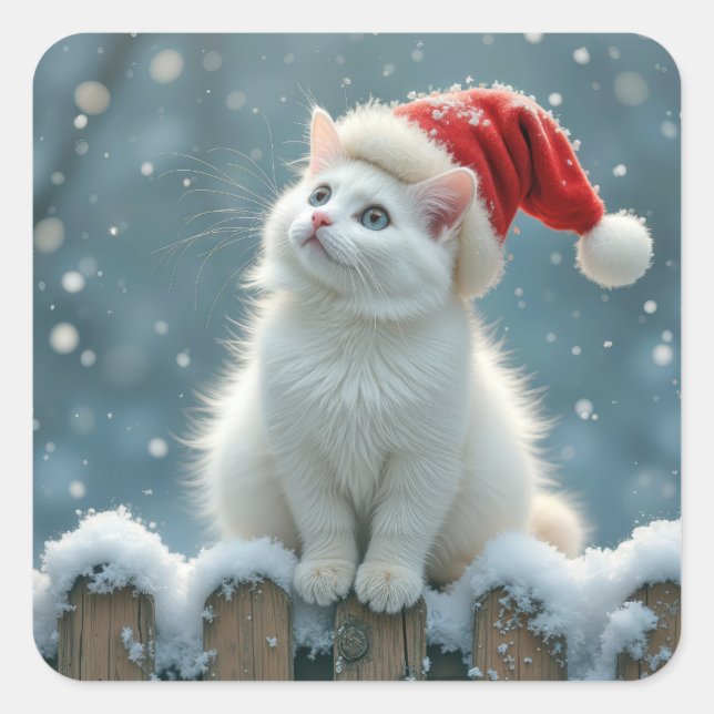 Weihnachts-Weiße Katze Tragen einer Weihnachtsmann Quadratischer Aufkleber (Vorderseite)