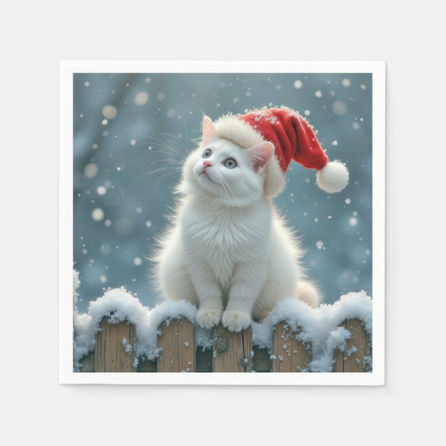 Weihnachts-Weiße Katze Tragen einer Weihnachtsmann Serviette (Vorderseite)