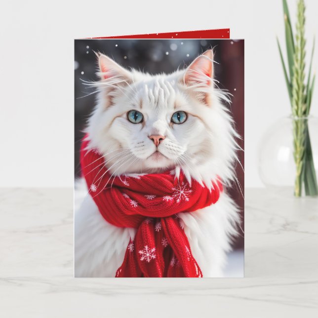 Weihnachts-Weißkatze mit rotem Scarf Karte (Vorderseite)