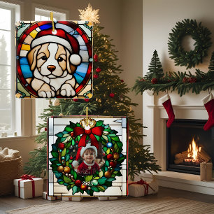 Weihnachts-Welpe Faux-Buntglas Keramikornament