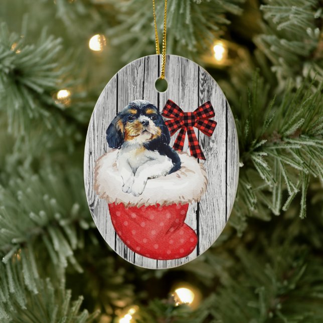 Weihnachts Welpe Spaniel im Strumpf auf Holz Keramik Ornament (Baum)