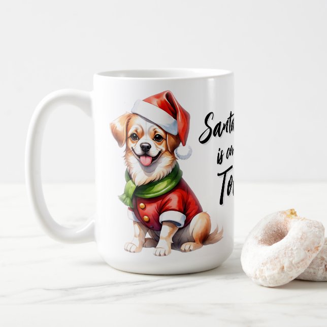 Weihnachts-Welpe tragen Weihnachtsklauseln Outfit Kaffeetasse (Mit Donut)