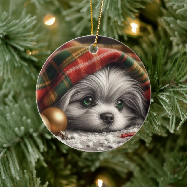 Weihnachts Welpe - traurige Augen Keramik Ornament (Baum)