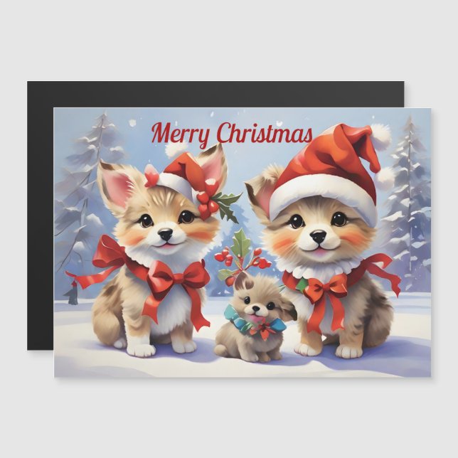 Weihnachts Welpen Urlaub Magnetkarte (Vorne/Hinten)
