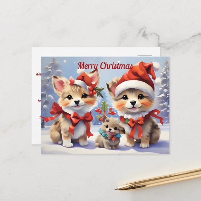 Weihnachts Welpen Urlaub Postkarte (Vorderseite/Rückseite Beispiel)