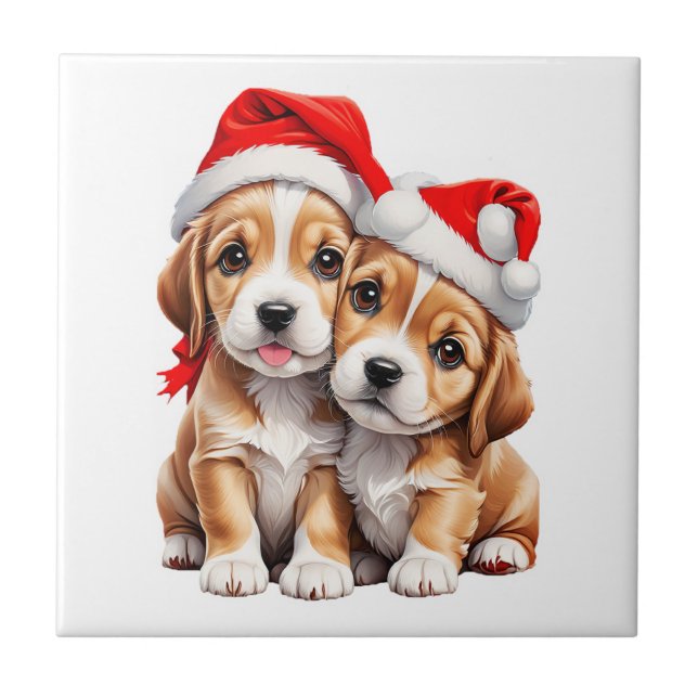 Weihnachts Welpenhunde Fliese (Vorderseite)