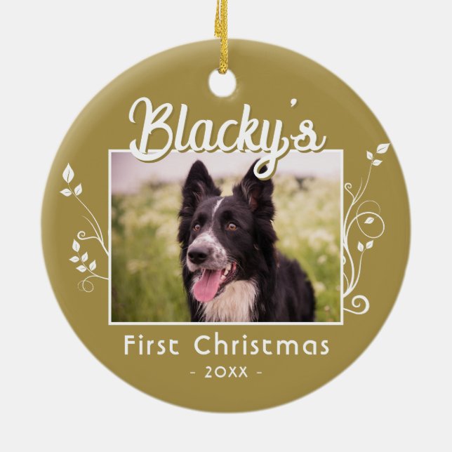Weihnachts Welpenname Foliage Foto Keramik Ornament (Hinten)