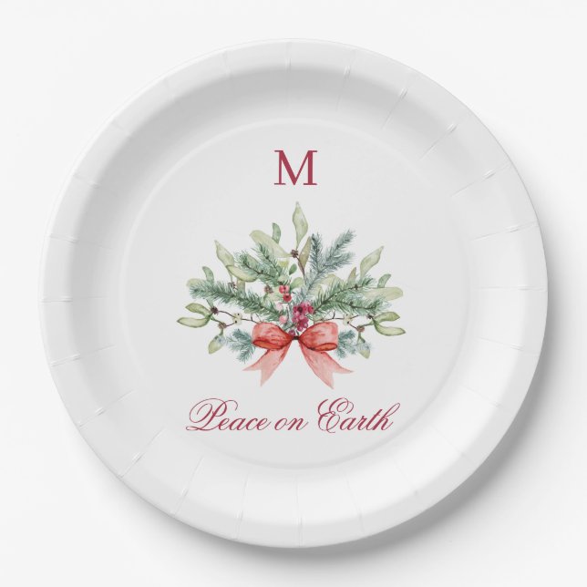 Weihnachts-Weltfrieden Rote Monogram Grüne Pappteller (Vorderseite)