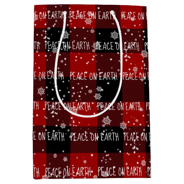 Weihnachts-WELTFRIEDEN-Text in Schneeflocken Mittlere Geschenktüte (Vorderseite)