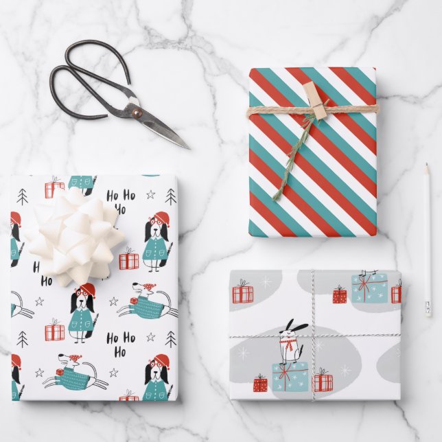Weihnachts Whimsical Cartoon Hunde Geschenkpapier Set (Vorderseite)