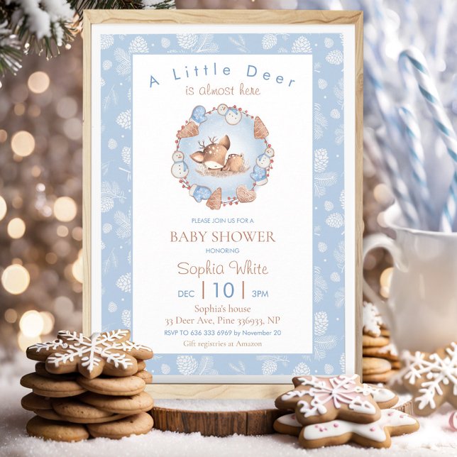 Weihnachts Winter Blue Deer Pine Cone Baby Dusche Einladung (Christmas Winter Blue Deer Pine Cone Baby Shower Invitation)