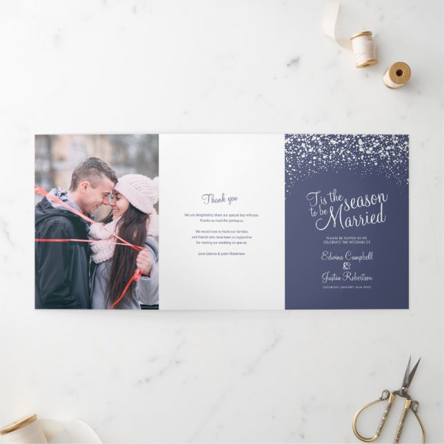 Weihnachts Winter fallender Schnee Grafik Hochzeit Dreifach-gefaltete Programmkarte (Außenbereich)