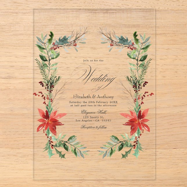 Weihnachts Winter florale Transparente Hochzeit Acryleinladungen (Vorderseite)