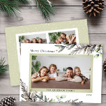 Weihnachts-Winter-Grün 3 Fotos Nachricht Feiertagskarte<br><div class="desc">Die elegante Weihnachtskarte des Fotos bietet Platz für 3 Aufnahmen und ist mit dem klassischen Aquarell im Wintergarten dekoriert. Der Gruß lautet "Frohe Weihnachten". Benutzerdefinierter Text auf der Rückseite ermöglicht es Ihnen,  eine persönliche Nachricht hinzuzufügen.</div>