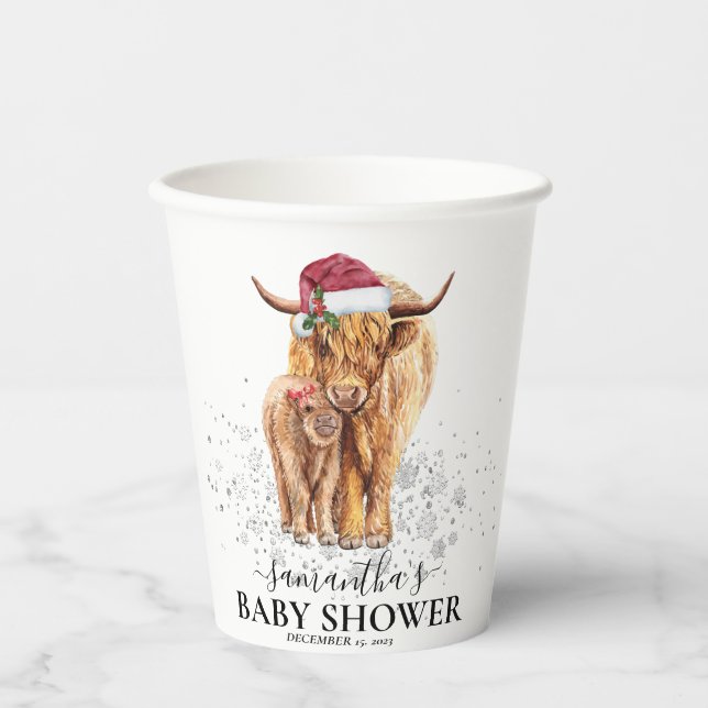 Weihnachts Winter Hochland Kuh Calf Baby Dusche Pappbecher (Vorderseite)