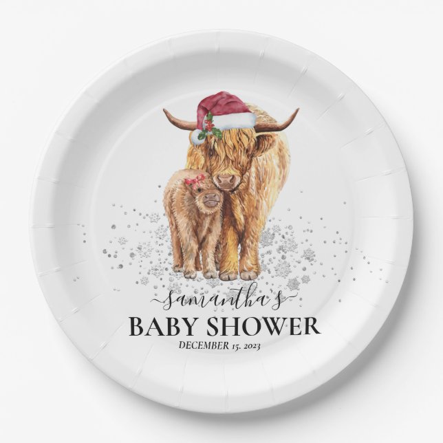 Weihnachts Winter Hochland Kuh Calf Baby Dusche Pappteller (Vorderseite)