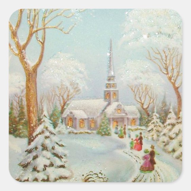 Weihnachts-Winter-Kirchenlandschaft Quadratischer Aufkleber (Vorderseite)