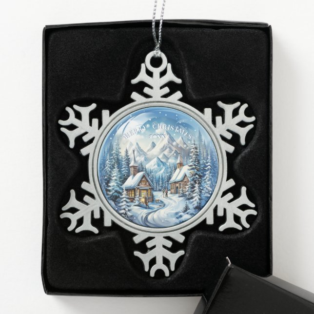 Weihnachts-Winter-Log-Kabine Land Schneeflocken Zinn-Ornament (Box)