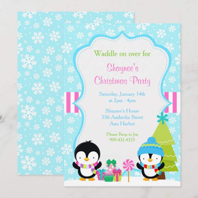 Weihnachts Winter Niedliche Pinguine Einladung (Vorne/Hinten)