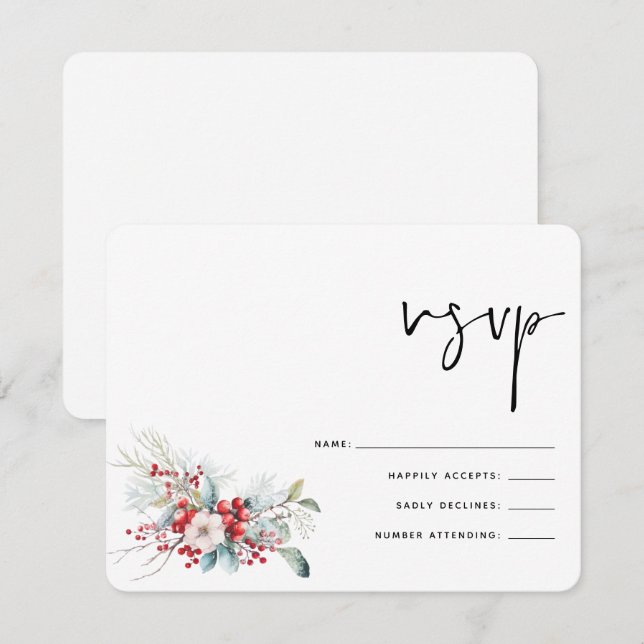 Weihnachts-Winter Poinsettia Berries Wedding RSVP (Vorne/Hinten)
