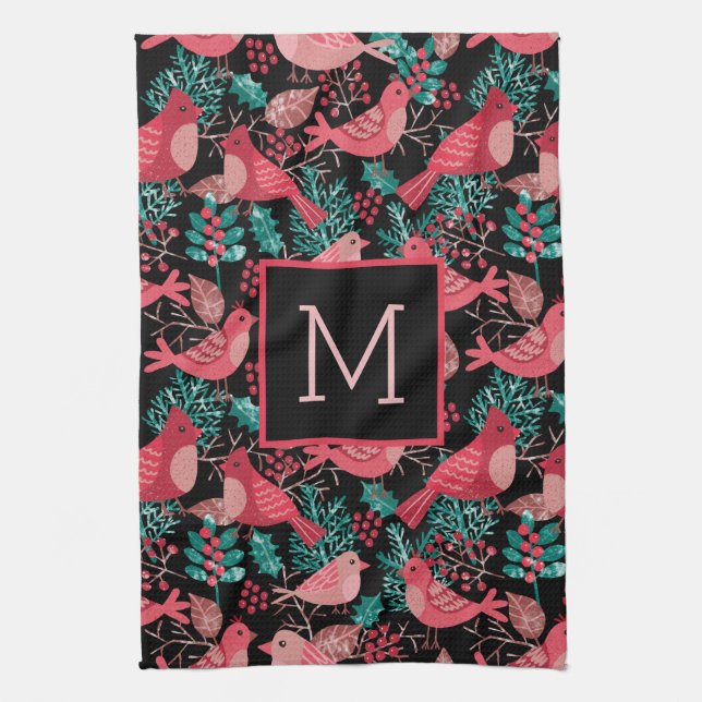 Weihnachts Winter Red Bird Berries Urlaub Geschirrtuch (Vertikal)
