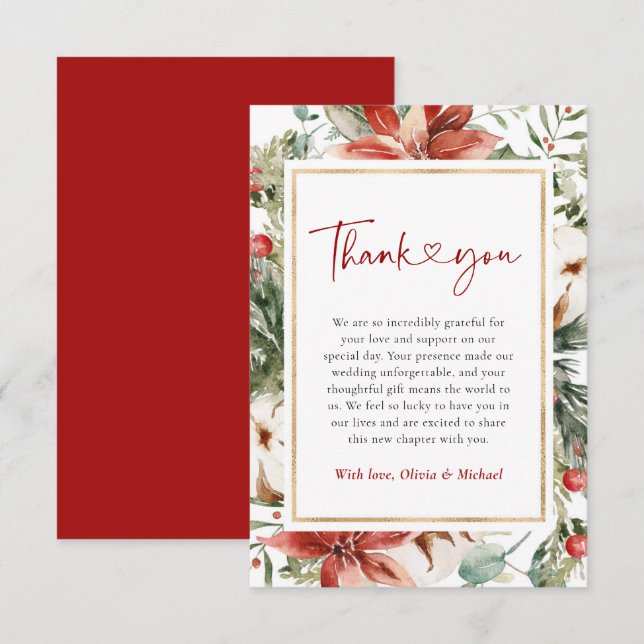 Weihnachts Winter Red Green Gold Hochzeit Dankeskarte (Vorne/Hinten)