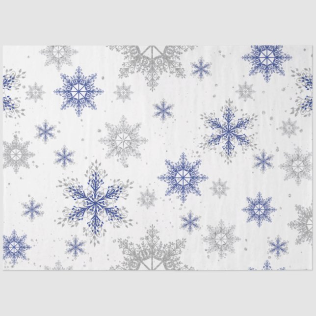Weihnachts Winter Schneeflocken Blau Silver Glitze Seidenpapier (Vorderseite)