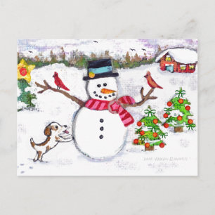 Weihnachts Winter Snowman & Welpe Hund Postkarte