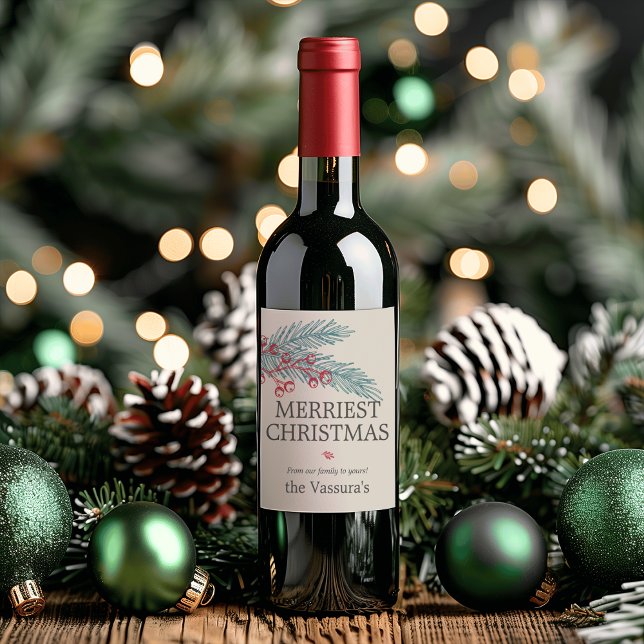 Weihnachts Winter Sprig Berry Grüne Weinetikett (Christmas Winter Sprig Berry Greenery Wine Label)