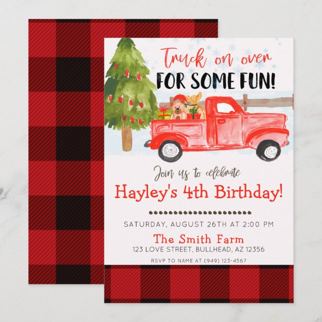 Weihnachts Winter Vintager Landwagen Geburtstag Einladung (Vorne/Hinten)