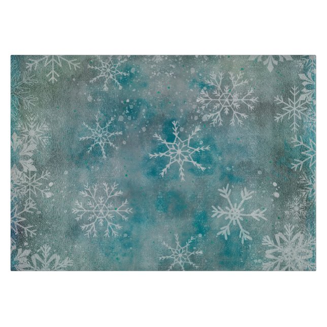 Weihnachts Winter weiße Schneeflocken auf blau Schneidebrett (Vorderseite)