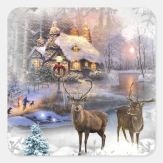 Weihnachts-Winter-Wilderness-Hütte Quadratischer Aufkleber
