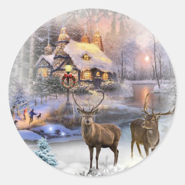Weihnachts-Winter-Wilderness-Hütte Runder Aufkleber (Vorderseite)