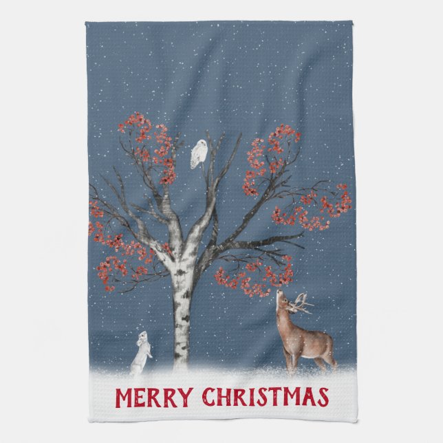 Weihnachts Winter Wildlife in Snowflake Geschirrtuch (Vertikal)