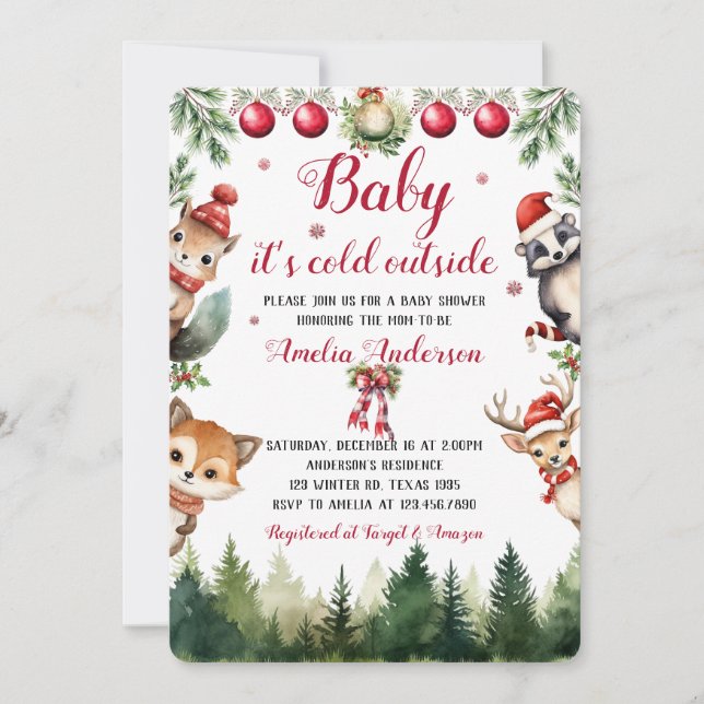 Weihnachts Winter Woodland Animals Kinderdusche Einladung (Vorderseite)
