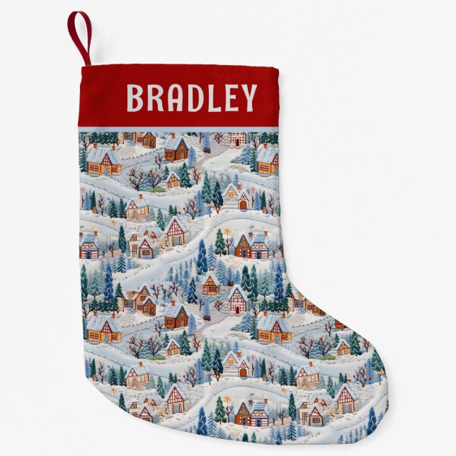 Weihnachts-Winterdorf bestickt Personalisiert Kleiner Weihnachtsstrumpf (Vorderseite)