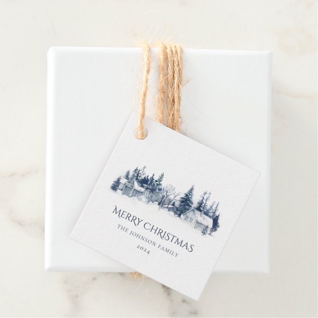 Weihnachts-Winterdorf Landschaft Blau Weiß Geschenkanhänger (Beispiel)