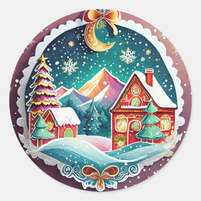 Weihnachts-Winterdorf Runder Aufkleber (Vorderseite)