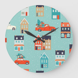 Weihnachts Winterhäuser Rote Auto Große Wanduhr